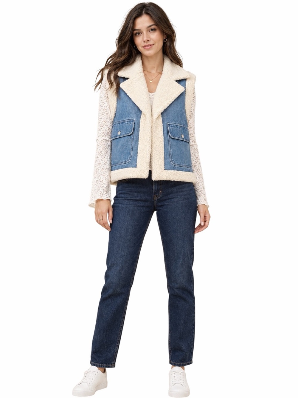 NEW blue b Light Wash Fully Lined Cream Sherpa Trim Western Chambray Denim Vest